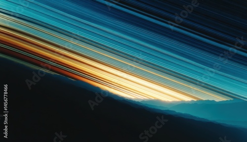 Obraz na płótnie Abstract streaks of light and color cross a mountainous landscape at sunset, creating a vibrant, futuristic effect. w salonie