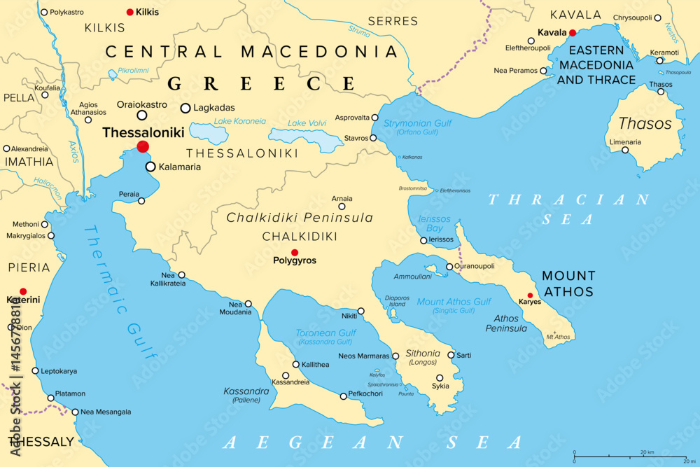 Obraz premium Thessaloniki and Chalkidiki, regional units of Greece, political map. Thessaloniki, 2nd-largest city in Greece, the large peninsula Chalkidiki in the Aegean Sea, and the autonomous Mount Athos region.