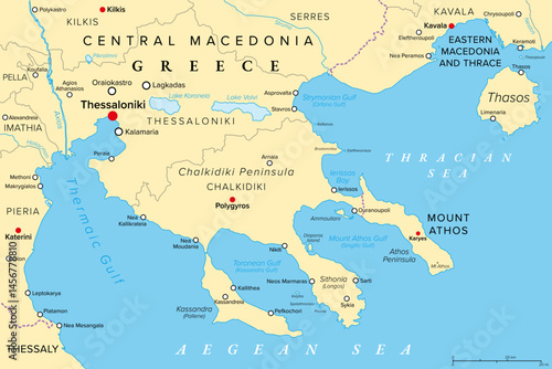 Thessaloniki and Chalkidiki, regional units of Greece, political map. Thessaloniki, 2nd-largest city in Greece, the large peninsula Chalkidiki in the Aegean Sea, and the autonomous Mount Athos region.