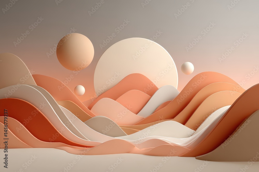 Abstract pastel landscape with soft, flowing hills and spherical shapes under a gradient sky.