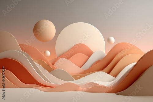 Obraz na płótnie Abstract pastel landscape with soft, flowing hills and spherical shapes under a gradient sky. w salonie