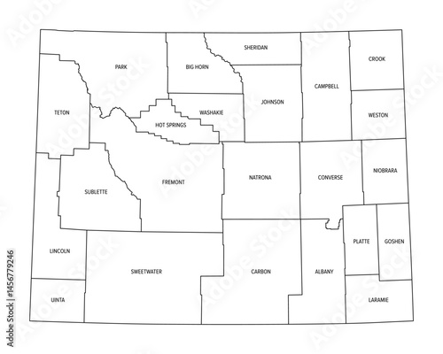 State of Wyoming, subdivided into 23 counties, outline map. State in the Mountain West region of the United States, nicknamed Equality State, Cowboy State, and Big Wyoming. Isolated illustration.