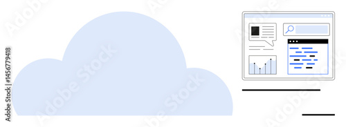 Cloud with user interface featuring charts, search functionalities, and data organization tools. Ideal for data management, analytics, hosting, cloud computing, technology guides, productivity tools