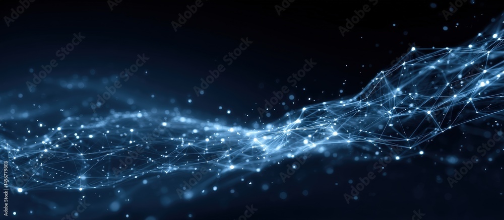 Abstract digital network with glowing connected points on a dark background, representing technology and data flow.