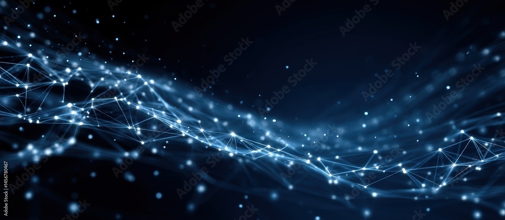 Abstract digital network of glowing blue lines and dots forming a flowing, wave-like structure on a dark background.