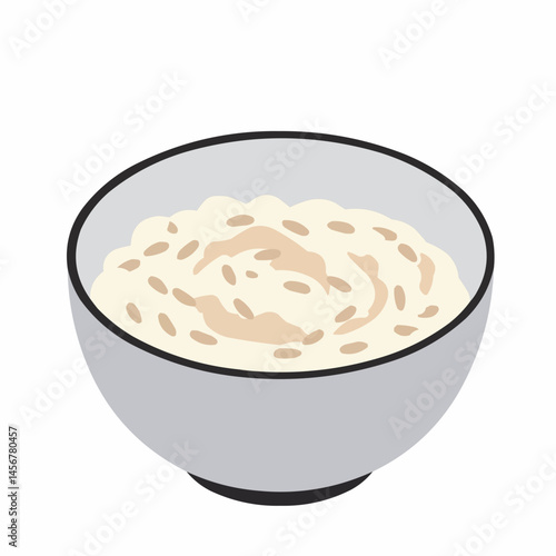 Dish with creamy food in a gray bowl, with black border, against white