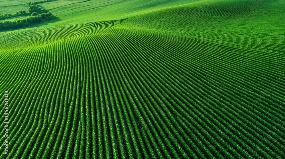Fototapeta premium Lush green fields with beautifully patterned rows, creating a serene landscape.