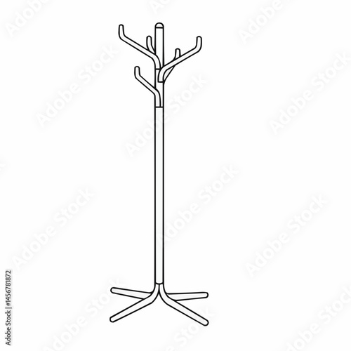 Graphic depiction of a coat rack with hat hanging hooks and a pole support