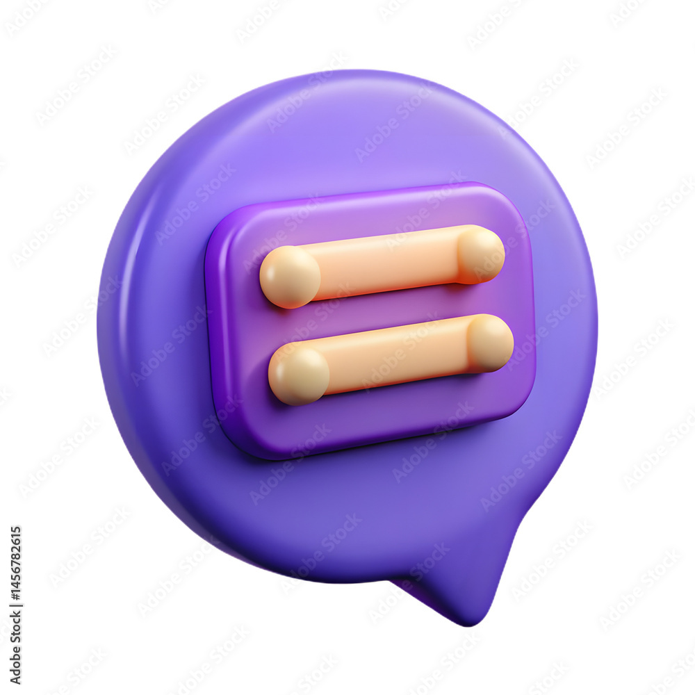 3D Render of a Purple Speech Bubble Icon Featuring Two Parallel Peach-Colored Cylinders Inside, Representing a Digital Communication Concept. 3D Render of a Purple Speech Bubble Icon Featuring Two Parallel Peach-Colored Cylinders Inside, Representing a Digital Communication Concept.