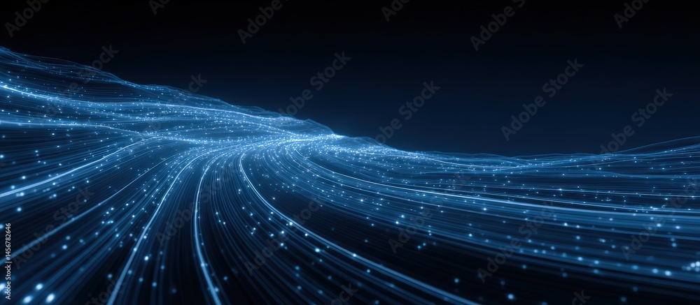 Flowing blue light trails and glowing dots create a futuristic, digital landscape against a dark background.