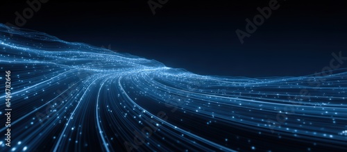 Obraz na płótnie Flowing blue light trails and glowing dots create a futuristic, digital landscape against a dark background. w salonie