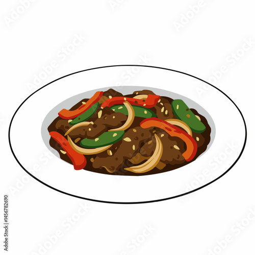Colorful stir-fry with peppers and onions served on a round plate