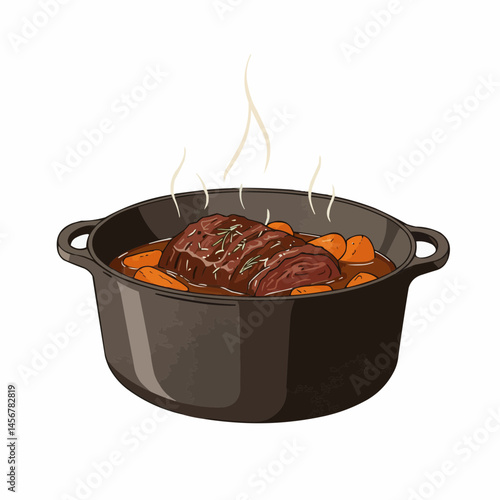Illustration of pot roast with carrots and steam, on a cast iron pan
