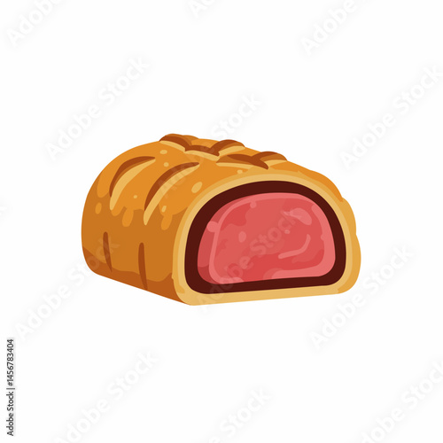 A cartoon depiction of a meat-filled pastry, featuring a golden, crusty exterior