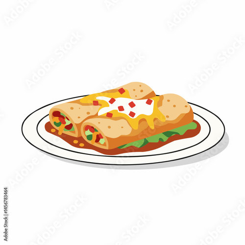 Rolled enchiladas with cheese, sour cream, and salsa on a plate, simple illustration