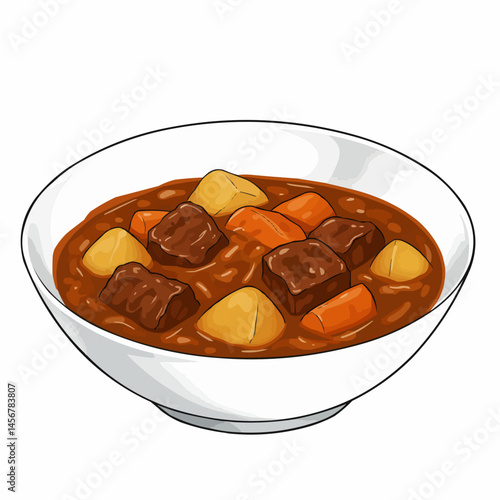 Close-up bowl of beef stew with potatoes and carrots in thick brown sauce