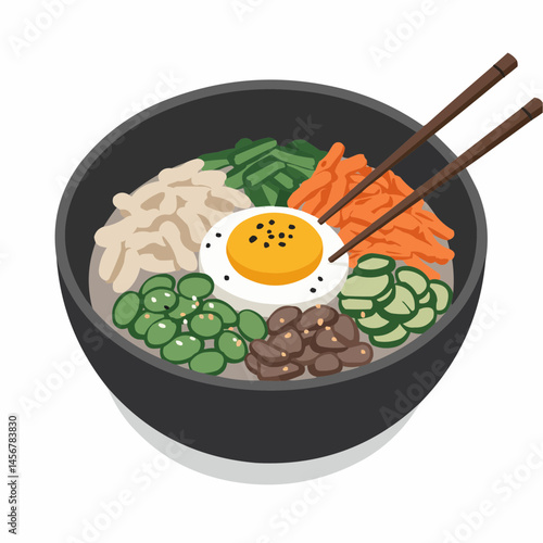 Vector illustration of a bibimbap bowl, complete with egg, carrots, beans and rice