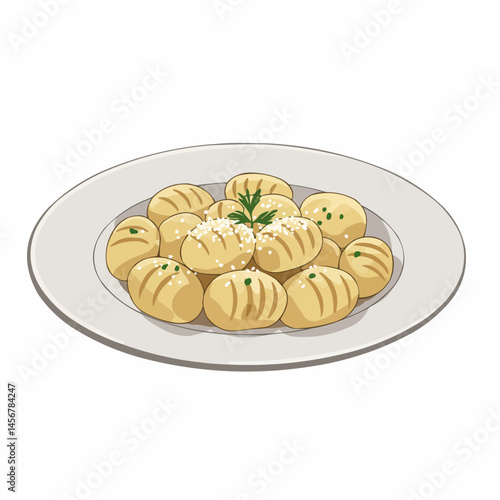 Plate of golden gnocchi, sprinkled cheese, garnished with fresh herbs, illustration