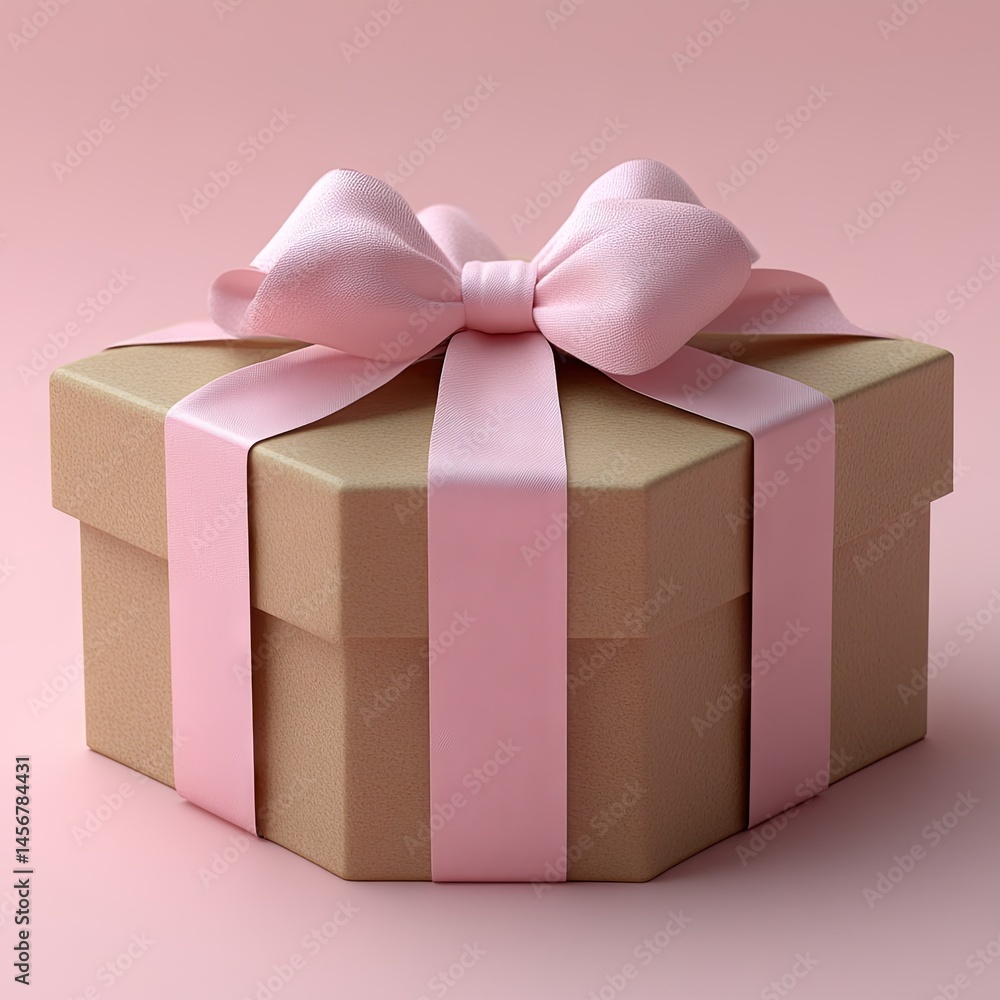 Obraz premium Pink bow on hexagon gift box, pastel background, present