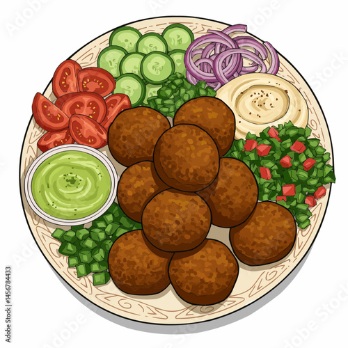 Illustration of a plate with falafel, hummus, cucumbers, and tomatoes