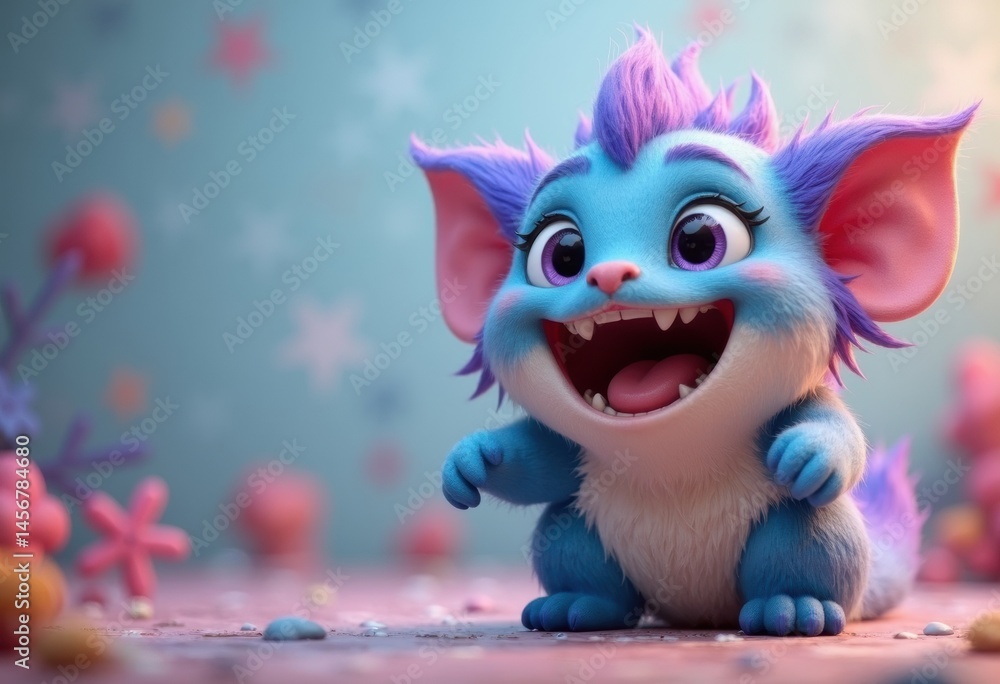 A cheerful blue cartoon creature with fluffy ears and a big smile A cheerful blue cartoon creature with fluffy ears and a big smile