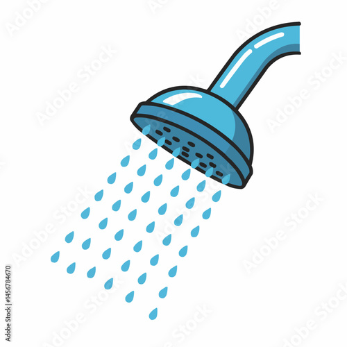 A blue shower head emitting water droplets on a white background