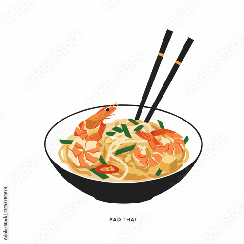 Pad Thai noodles served with shrimp and chopsticks, Asian cuisine, ready to eat