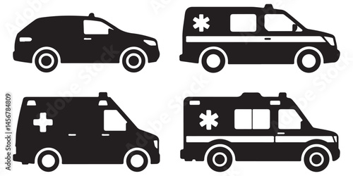 set of black ambulance icon, ambulance silhouette vector illustration-simple, outline coloring book page line art 