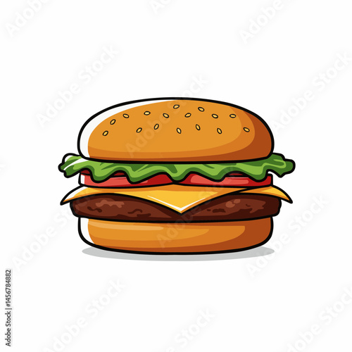 Cartoon-style hamburger, showing bun with seeds, green lettuce, and red tomato slice