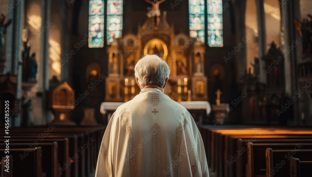 Priest in Church, a moment of serene prayer in a cathedral Priest in Church, a moment of serene prayer in a cathedral
