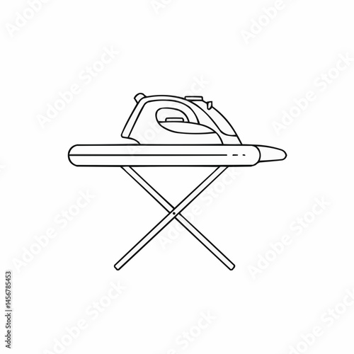 Simplified line drawing of an iron resting on an ironing board, household object