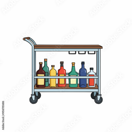 Stylish bar cart with various bottles, elegant wood and metal frame