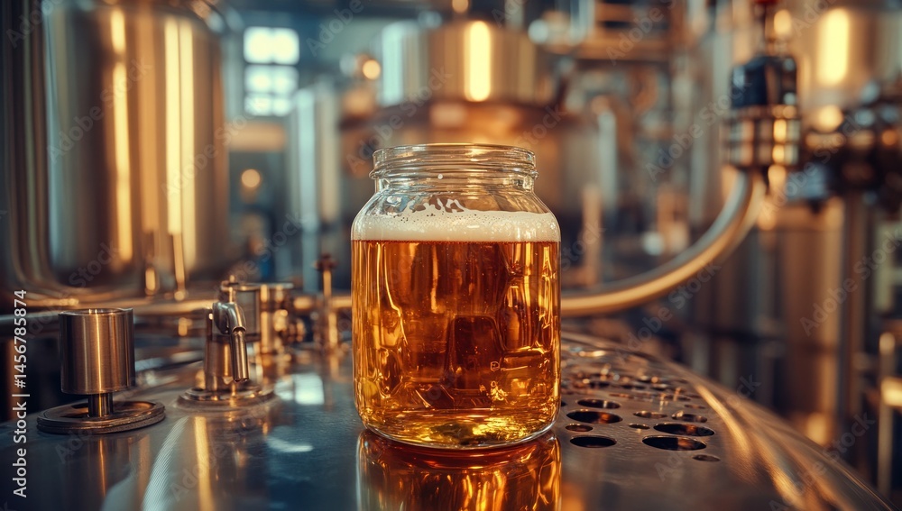 Craft Beer Brewing: A Mason Jar of Golden Ale in a Brewery Craft Beer Brewing: A Mason Jar of Golden Ale in a Brewery