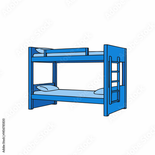 A blue bunk bed with bedding, pillow, and upper level support framework