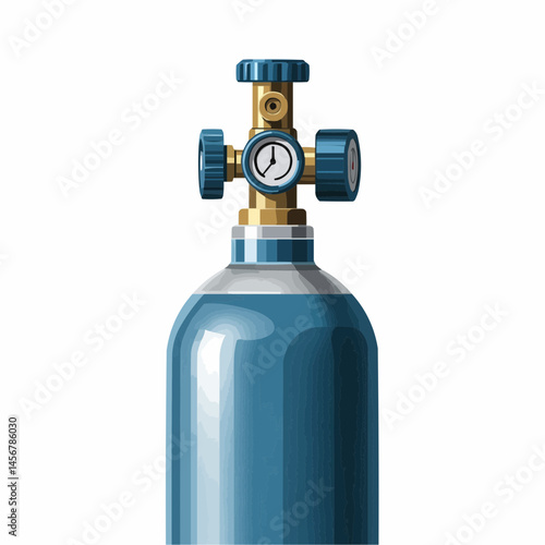 Oxygen cylinder and gauge; brass and blue fittings against a white backdrop