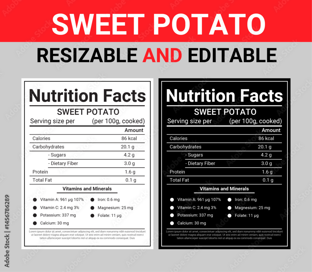 Obraz premium Sweet Potato Nutrition Facts Label Editable Template