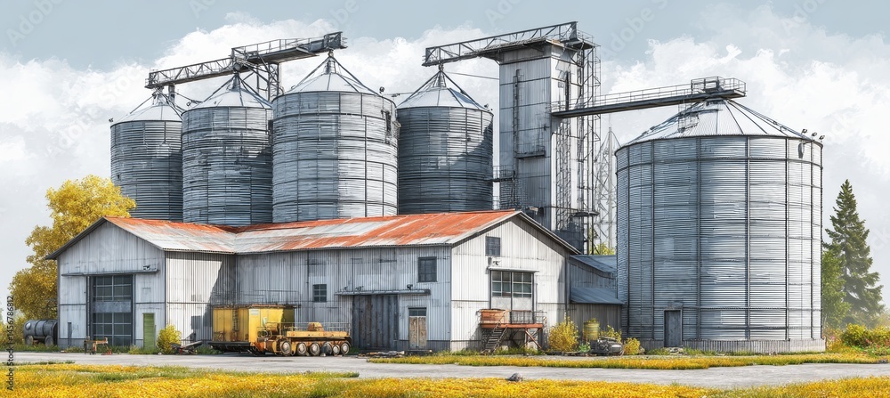 Abandoned old silo storage building. Agriculture farming business. Generative AI technology.