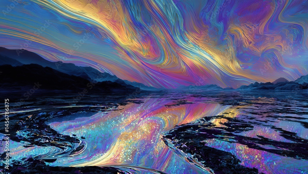 Vibrant, swirling colors fill the sky and reflect on water, creating a surreal, abstract landscape with mountains in the background.