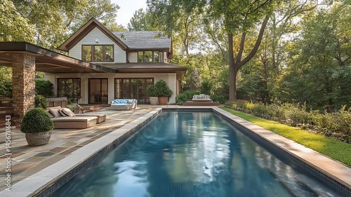 Wallpaper Mural Beautiful Exterior View of a Luxurious House with a Swimming Pool Surrounded by Lush Green Trees in a Sunny Day Under Bright Sunlight Torontodigital.ca