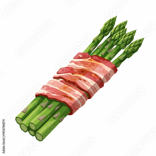 Digital illustration of asparagus wrapped in meat on a blank white background