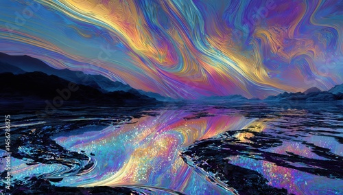 Obraz na płótnie Vibrant, swirling colors fill the sky and reflect on water, creating a surreal, abstract landscape with mountains in the background. w salonie