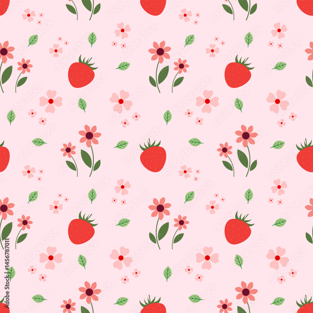 Seamless patten with strawberries and flowers on a pink background Seamless patten with strawberries and flowers on a pink background