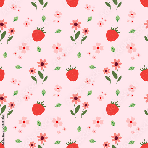 Seamless patten with strawberries and flowers on a pink background