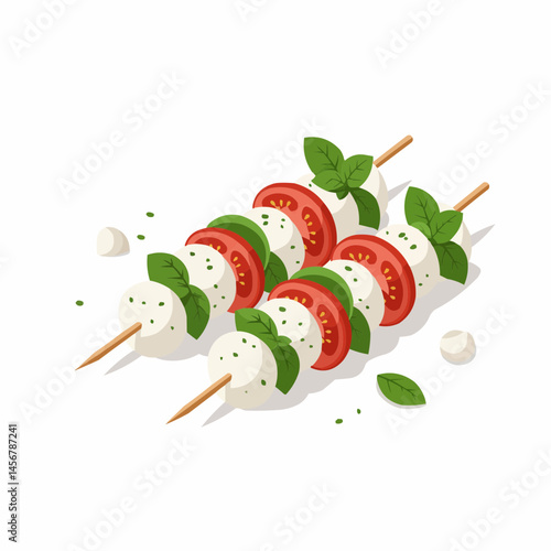 Tomato and fresh cheese with basil on a skewer against a white background