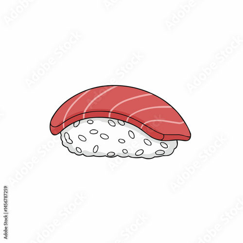 A salmon sushi nigiri piece with white rice and nori seaweed stripe