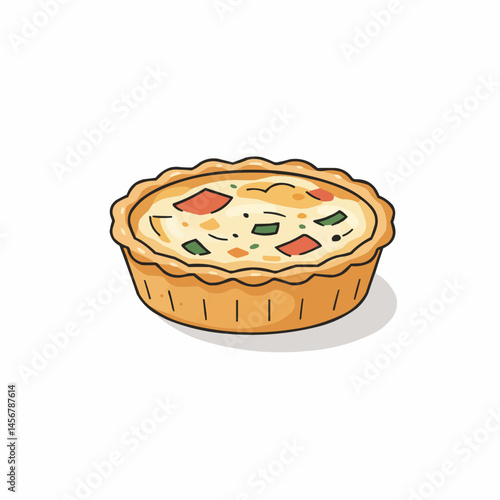 Illustration of a quiche with tomatoes, peppers, and cheese on a white background