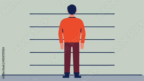 Handcuffed Pose The suspect standing in front of the height chart with their hands behind their back indicating they are handcuffed.