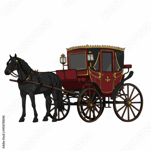 A black horse pulls a decorated, burgundy horse-drawn carriage with golden trim