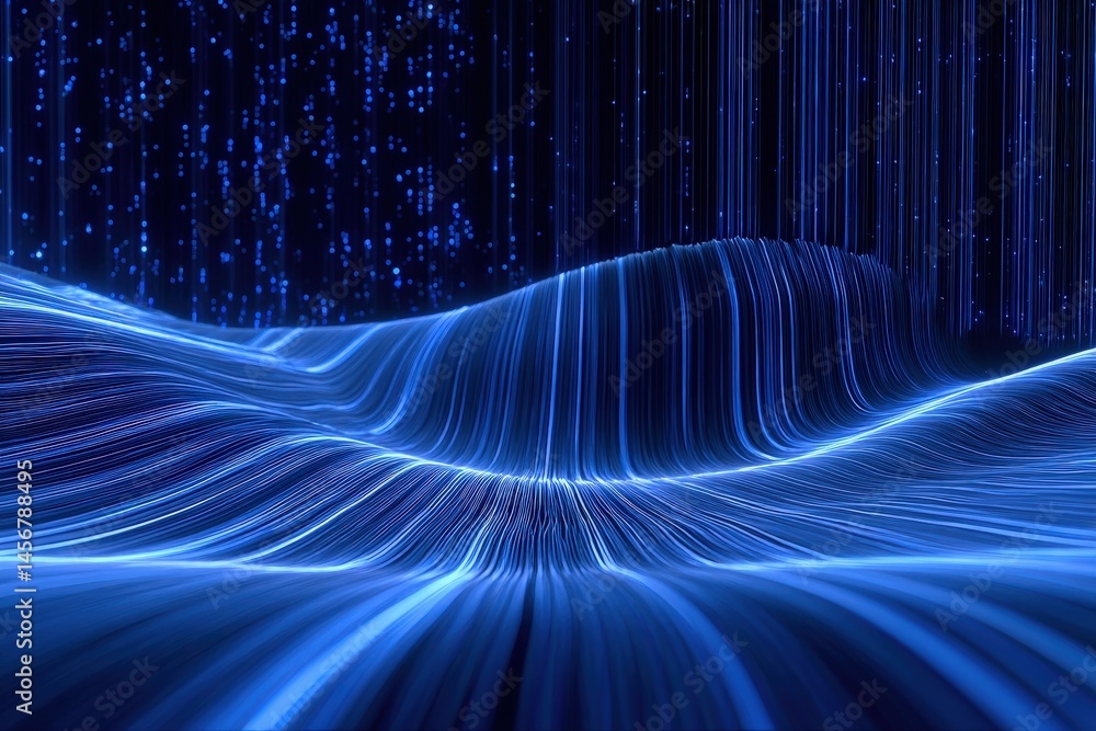 A glowing digital landscape of blue light trails and vertical data streams on a dark background.