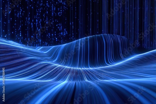 Obraz na płótnie A glowing digital landscape of blue light trails and vertical data streams on a dark background. w salonie